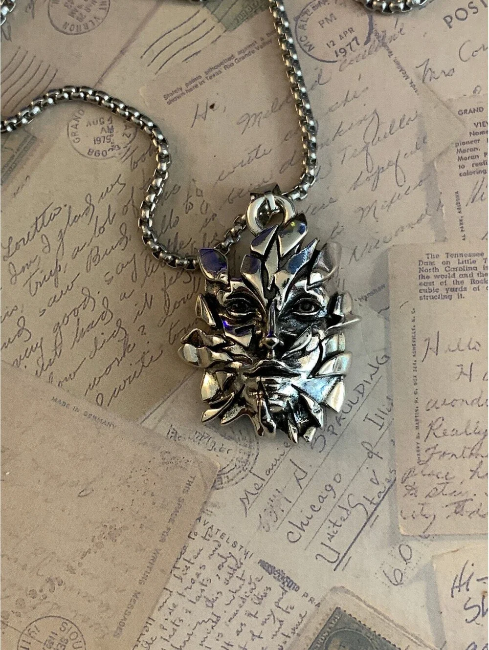 Green Man Pagan Leaf Face Pendant Necklace  Box Chain